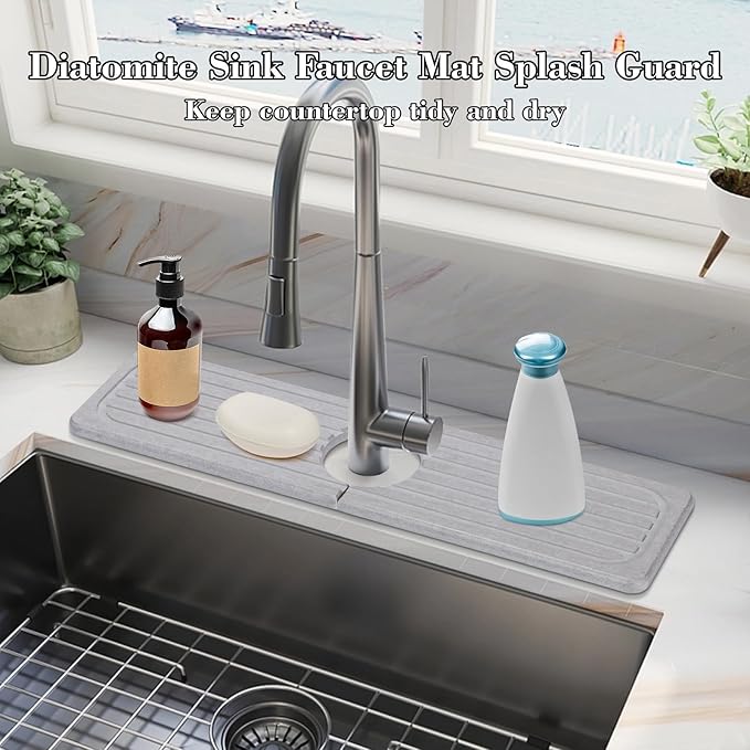 Stone Faucet Mat for Kitchen Sink, 23.6" Diatomite Drying Stone Kitchen Sink Mat Super Absorbent, Stone Kitchen Sink Splash Guard, Sink Stone Quick Dry Around Faucet for Kitchen Bathroom Counter