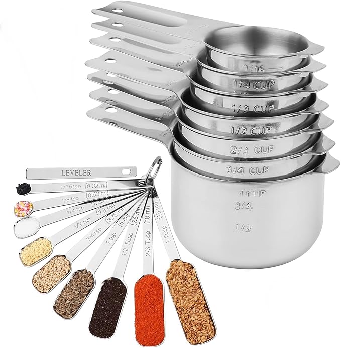 zoyizi Measuring Cups and Spoons Set 17, Metric & US 18/8 Stainless Steel Measuring Cups and Spoons Set for Baking & Kitchen, Dry & Liquid Metal Measure Cup and Long Handle Spoons for Spice Jar