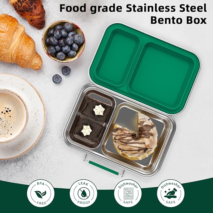 Stainless Steel Bento Box for Adults, 22.6 oz Leakproof 2-Compartments Stainless Steel Bento Containers, Metal Lunch Box with 2 Container, Dishwasher Safe, Design for Office,Outdoor, BPA-Free Green