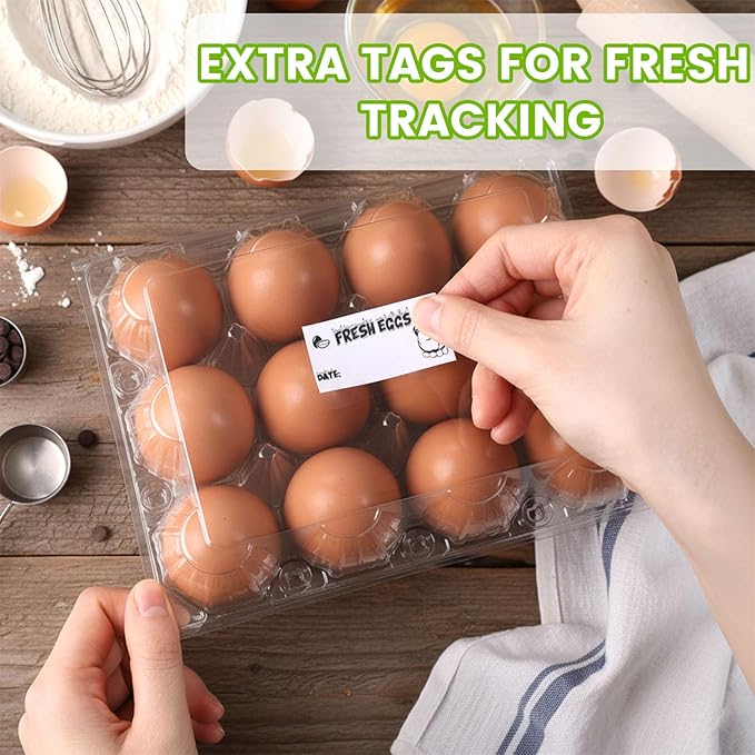 LOVEINUSA 60 Pack Clear Plastic Egg Cartons Bulk with Date Labels - Reusable 12-Count Holders for Small to Medium Fresh Eggs, Durable Clamshell for Chicken Farms, Markets & Multi-Color Egg Display