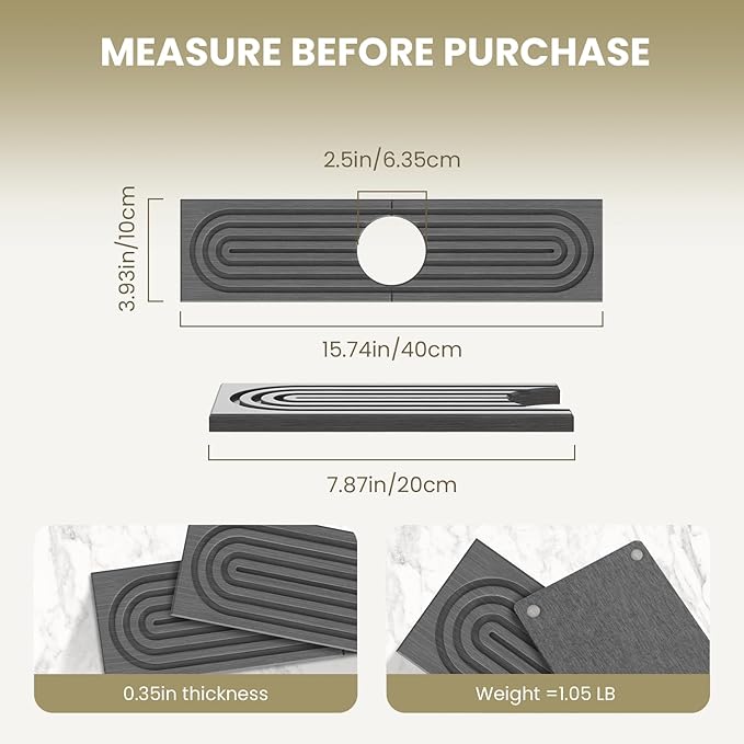 Premium Diatomite Stone Drying Mat for Kitchen Counter - Faucet Mat, Sink Protector & Splash Guard, Quick-Dry Kitchen Sink Mat (Gray, 15.8" x 4")