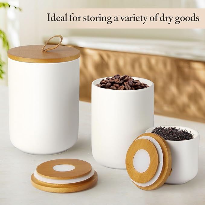 Canisters Sets for The Kitchen, Airtight Kitchen Canisters for Countertop, Kitchen Canisters Set of 3 with Top Handle, Modern Ceramic Jar with Wooden Lid for Coffee Flour Cookie Nuts (White)