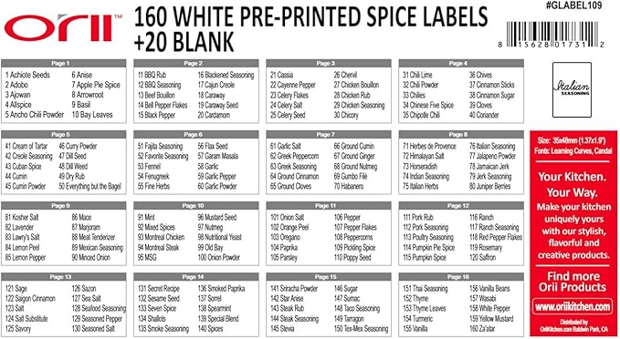Orii Spice Labels - White Rectangular - 160 Pre-Printed +20 Blank