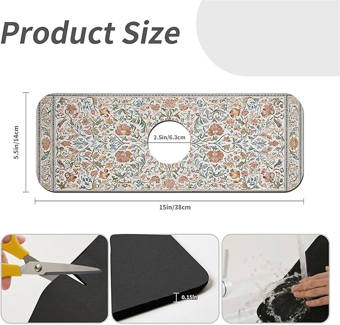 Kitchen Sink Splash Guard，Exquisite flower and bird Faucet Mat Sink Gadgets-Super Absorbent Fast Drying Mat Drip Catcher for Kitchen, Bathroom,Sink Mat, Dish Drying Mat, Bathroom(15" X 5.5" )