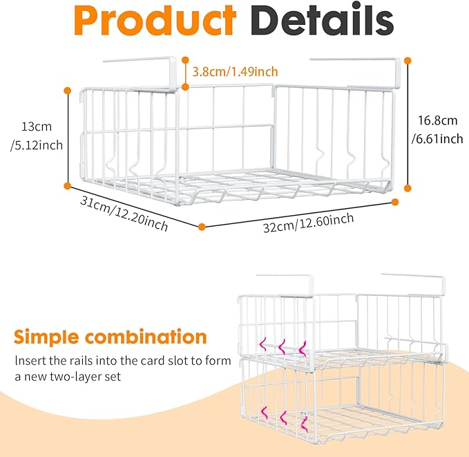 4-Pack Steel Under Cabinet Shelf Basket Organizer, Metal Wire Rack Hanging Storage Baskets Holds up to 22lbs for Kitchen, Office, Pantry, Bathroom, Cabinet (White-4)