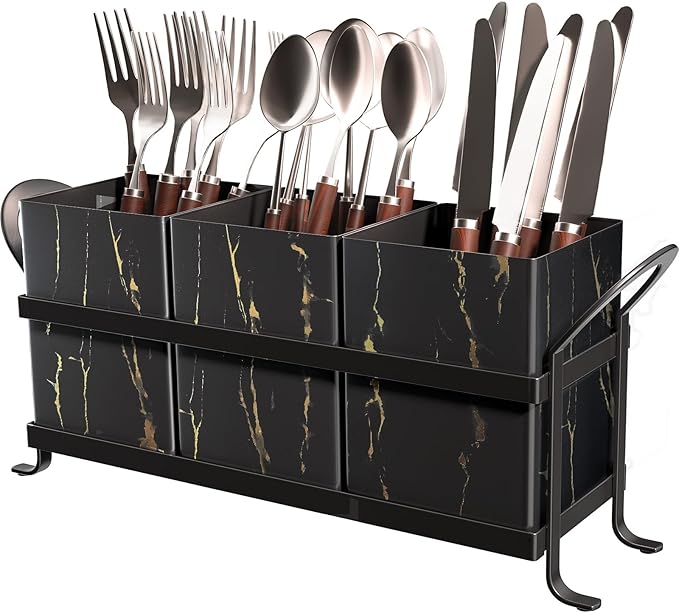 GaryVault Classic Farmhouse Kitchen Organizer - Exquisite Black Gold Marble Metal Silverware Caddy, 3 Spacious Compartments, Ideal for Cutlery, Cooking Tools & More