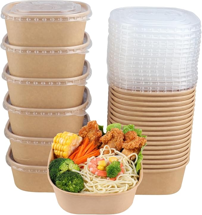 JAYEEY 25 oz Disposable Kraft paper bowls with lids, Food containers Soup Bowls Party Supplies Treat Bowls 50 Pack