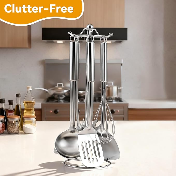 Gymdin Stainless Steel Kitchen Cooking Utensils Set of 7 - Kitchen Utensils with Hanging Rack, Spatula, Slotted Turner, Soup Ladle, Slotted Spoon, Whisk, Pasta Server, Holder, Dishwasher Safe