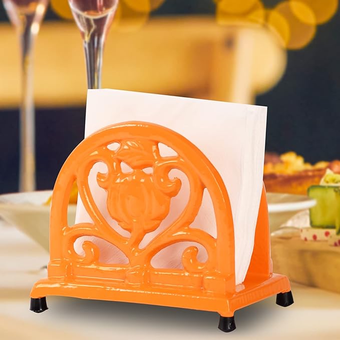 MINLUFUL Napkin Holder for Table - Vintage Farmhouse Kitchen Restaurant Cast Iron Napkin Holder for Dinner Cocktail Paper Napkins, Orange