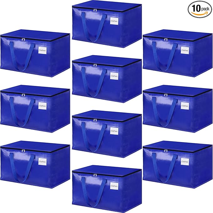 HomeHacks Moving Bags Heavy Duty with Strong Zippers and Handles Collapsible Moving Supplies, Storage Totes for Packing & Moving Storing 125L,10-Pack, Blue