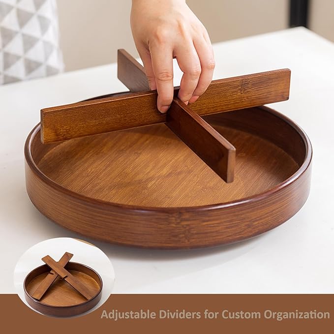 Bamboo Lazy Susan Organizer, 12'' Pantry Organizers with Removable Dividers, Rotating Spice Rack, Large Lazy Susan Turntable Organizer for Cabinet, Kitchen, Bathroom, Table