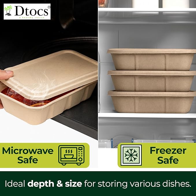 Dtocs Bamboo Fiber Meal Prep Containers with Lids 1350 ml, 40 Pcs | Bagasse Like Bamboo Disposable Container for Lunch, Salad, To Go Meal Box | Alternative to Paper, Plastic Food Containers