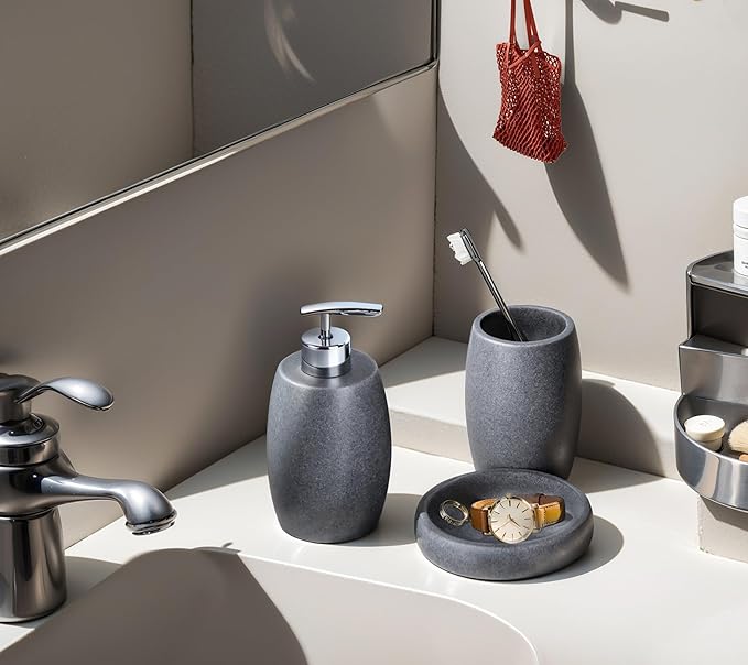 Grey Bathroom Accessories Set 3 PC, Resin Sandstone Look Soap Dispenser, Toothbrush Cup, Soap Dish, Bathroom Soap Dispenser Set for Home Decor and Kitchen