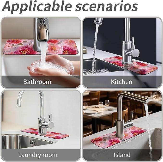 Kitchen Sink Splash Guard，vibrant watercolor peonies Faucet Mat Sink Gadgets-Super Absorbent Fast Drying Mat Drip Catcher for Kitchen, Bathroom,Sink Mat, Dish Drying Mat, Bathroom(15" X 5.5" )
