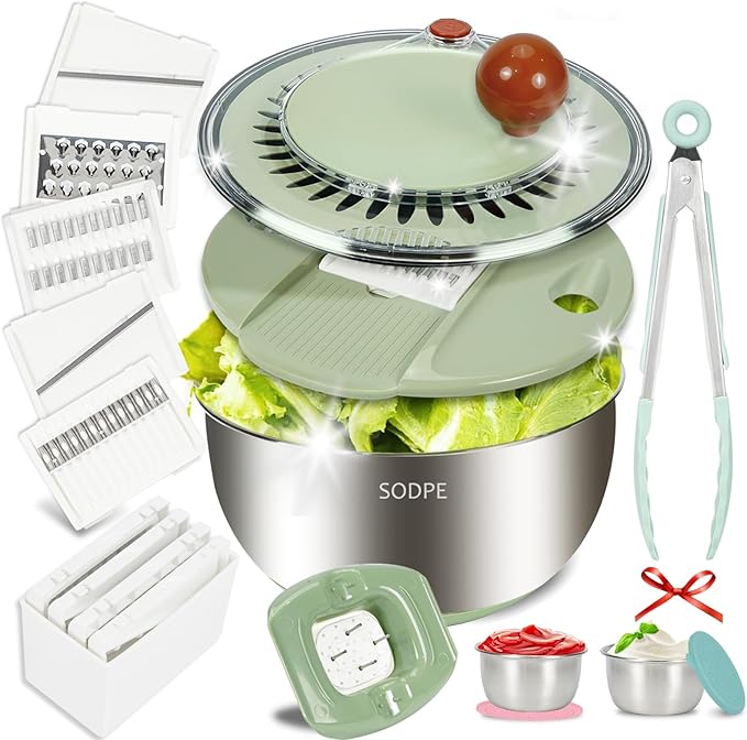 SODPE Stainless Steel Salad Spinner Large with 5 Blades Slicer, Lettuce Washer Spinner and Dryer, Vegetable Fruits Chopper Bowl, Egg Yolk Strainer Comes with Dipping Saucers and Clip, 5.3Qt