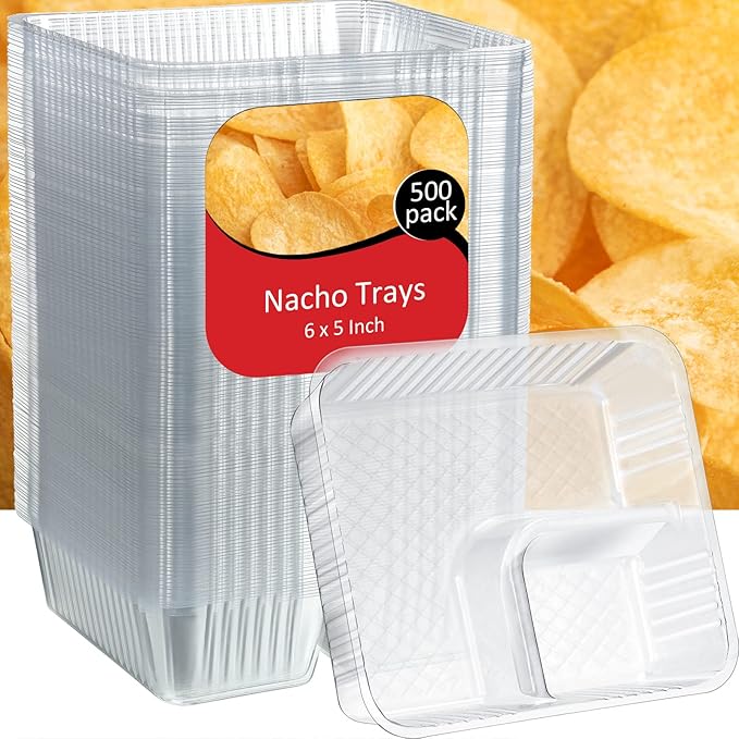 Vesici 500 Pcs 12oz Nacho Trays Disposable 2 Compartment Food Snack Tray Concession Stand Supplies Movie Night Clear Plastic Cheese Dip and Chip Holder for Candy School