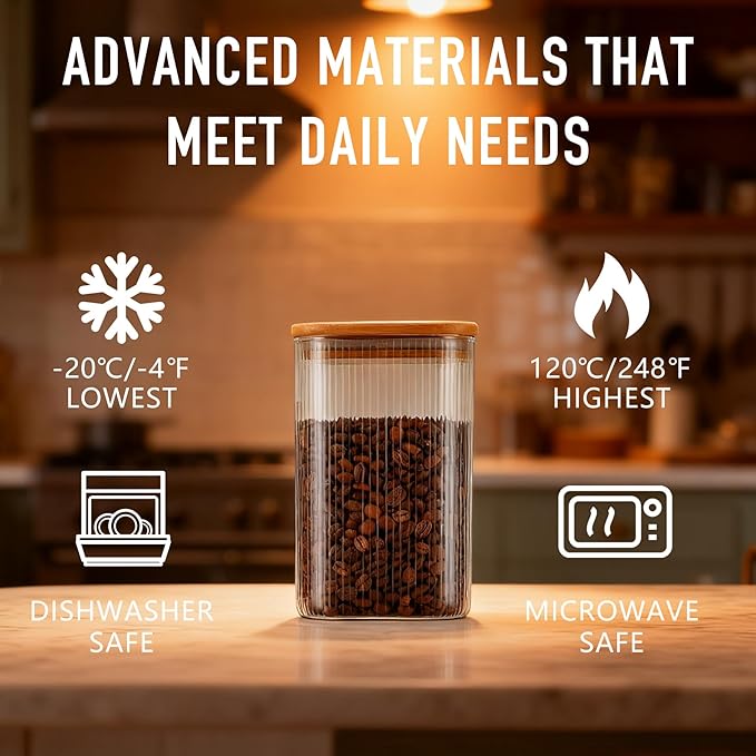 37oz Airtight Glass Square Storage Canisters with Bamboo Lids Set of 6 (1100ml) Striped Stackable Containers, Decorative Kitchen Jars for Tea, Nuts and Coffee (‎with Black Lable)