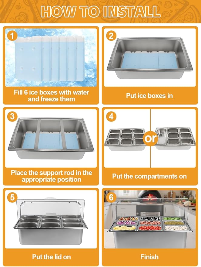 Lanstics Pizza Topping Station Stainless Steel Spice Organizer Salad Bar Buffet Station with Spoons Ice Boxes Buffet Containers Set for Sauce Jam Ingredient Kitchen Restaurant Pantry