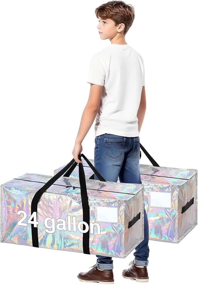 4 Pcs 24 Gallon Extra Large Moving Bags Heavy Duty Storage Bag with Strong Zipper Handle Foldable XXL Jumbo Storage Tote Packing Moving Box for College Dorm Travel Cloth Duffle (Iridescent)