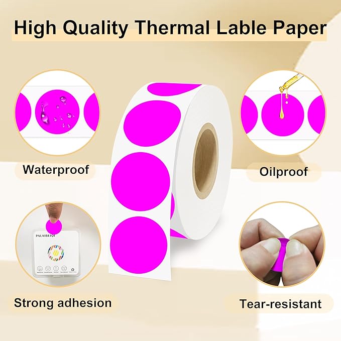 1 Inch Round Thermal Sticker Labels,Color Dot Stickers,Label Stickers,Waterproof,Oil Proof,for Thermal Printers,DIY,Office,Retail,Home and Warehouse Organization,1000 Pcs Fluorescent Purple