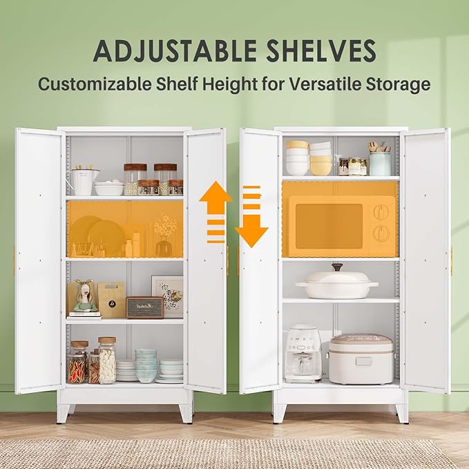 61" Kitchen Pantry Cabinet, Metal Storage Cabinet with 2 Doors and 3 Adjustable Shelves, White Food Pantry Cupboard for Kitchen, Dining Room, Living Room and Bathroom (White)