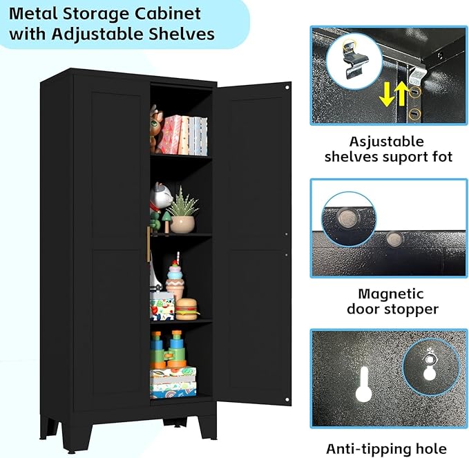61.02”H Metal Pantry Storage Cabinet, Kitchen Storage Cabinets with Adjustable Feet and Shelves, Pantry Cabinet for Kitchen, Living Room, Laundry Room and Dinning Room