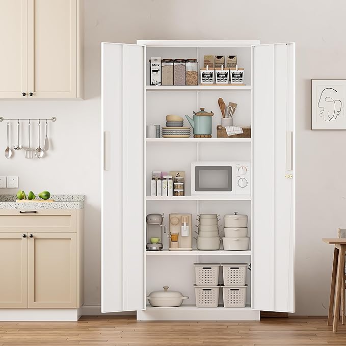 Greenvelly Metal Cabinet, 63”Tall Kitchen Pantry Storage Cabinets with 2 Lock Doors and 4 Adjustable Shelves,White Kitchen Cabinet Storage for Dinning Room,Garage,Office