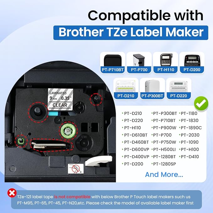 Labelife 9mm Label Tape Clear TZe-121 Compatible with Brother P Touch Label TZe TZ Tape 9mm 0.35 Laminated Clear 3/8 Inch for Brother Ptouch PT D210 PTD220 PT-D200 PT-H110 PTD400, 4-Pack