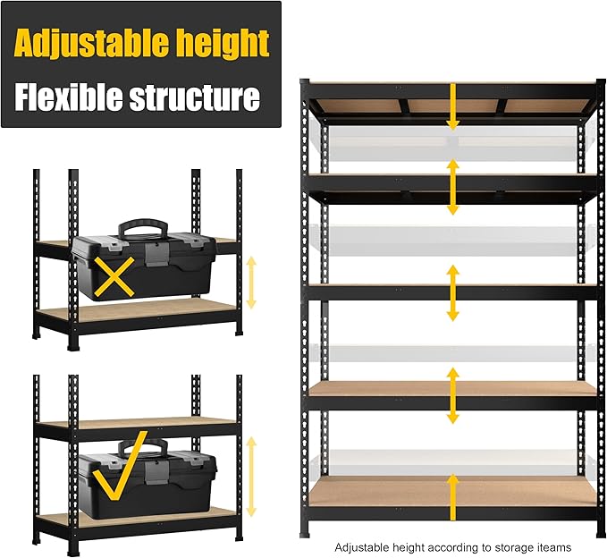 PrimeZone 2 Pack Heavy Duty Storage Shelves - 47"W x 18"D x 71"H 5 Tier Adjustable Garage Storage Shelving, Metal Utility Rack Organizer Shelf Unit for Warehouse Pantry Closet Kitchen Basement, Black