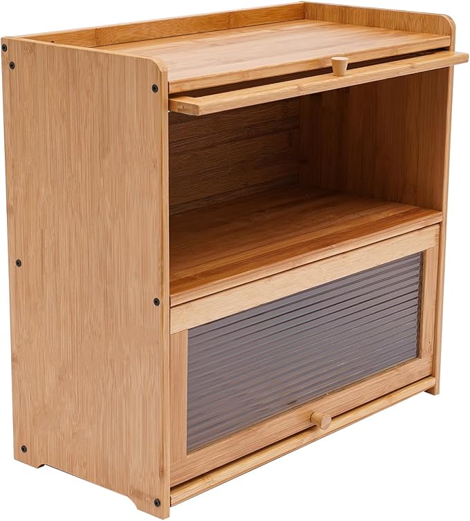 Storage Cabinet, Natural Bamboo Storage Bins and Boxes Organizer, Acrylic Door 2-Tier Design Vertical Storage Space Countertop Storage Cabinet, Deck Mounted Open Top Floor Kitchens Cabinets