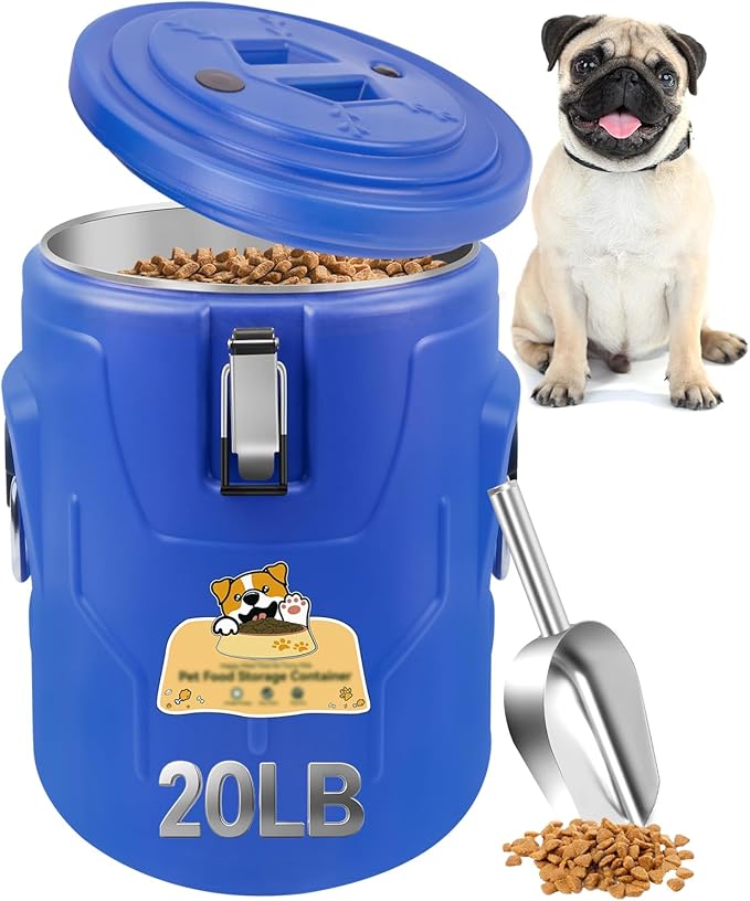 Newget 20lb Dog Food Storage Container, Stainless Steel Airtight Pet Food Storage Container and Durable Plastic Food Container, Large Metal Cat Food Container with Lid and Scoop to Keep Fresh