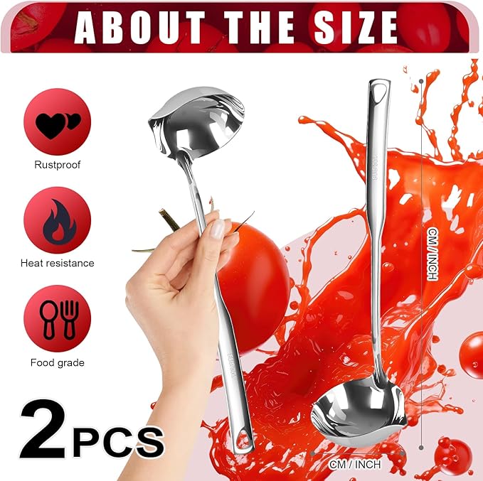 2 Pcs Kitchen Soup Ladle 304 Stainless Steel Punch Metal Luminous Heavy Ladell Spoons With Pour Spout Gravy Ladles for Serving,Cooking,Canning,Sauces,Gravy,Stews