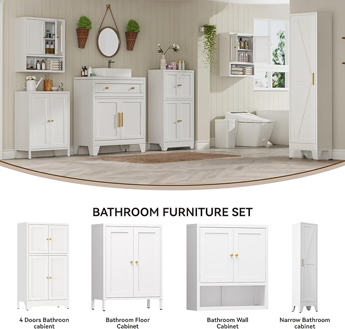 YAUWOH Narrow Metal Cabinet with 4 Adjustable Shelves and Barn Doors,Tall Bathroom Storage Cabinet, Metal Pantry Organizer for Kitchen,Home Office, Dining Room,White