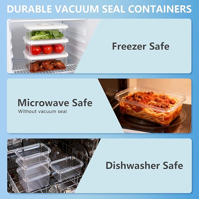 Vacuum Seal Containers, 3Pcs Reusable Food Storage Containers with Lids for Meal Prep and Freezer,BPA-Free，Microwave Safe，Leak-proof,Airtight (Vacuum Sealer Not Included)