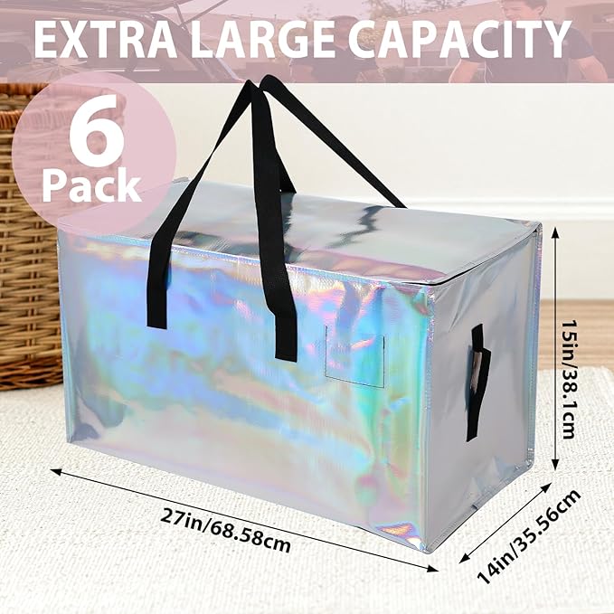 6 Pack Moving Bags Heavy Duty, Extra Large Moving Bags, Moving Supplies, Storage Bags with Handles and Zippers, Waterproof Totes for Storage Saving Packaging Shipping and Travel(Laser Silver)