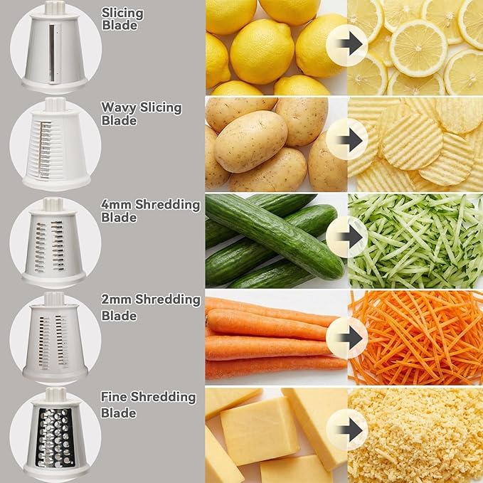 ChinKc Upgrade Rotary Cheese Grater Shredder with Handle, Strong Suction Base, Multi-purpose Rotary Grater Slicer with 5 Interchangeable Blades for Ice, Vegetables, Fruit, Nuts with Blade Storage Box