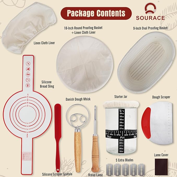 SOURACE Complete Sourdough Starter Kit,10 Inch Round & 9 Inch Oval Banneton Sourdough Bread Baking Supplies With Sourdough Starter Jar, Sour dough Starter Kits for Women, Men, and Bread Bakers