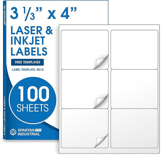 3 1/3" X 4" Matte White Printable Labels for Inkjet and Laser Printers - 100 Sheets, 600 Custom Stickers for Shipping Labels, Barcodes, Product Packaging - Spartan Industrial Template R015