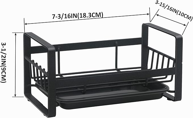 Kitchen Sponge Holder for Sink, Kitchen Sink Caddy Organizer, Sink Tray Drainer Rack, Dish Rags Brush Soap Storage Countertop with Removable Front Drain Pan - Black