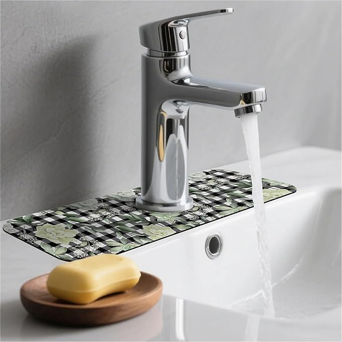 Kitchen Sink Splash Guard，succulents and checkered Faucet Mat Sink Gadgets-Super Absorbent Fast Drying Mat Drip Catcher for Kitchen, Bathroom,Sink Mat, Dish Drying Mat, Bathroom(15" X 5.5" )