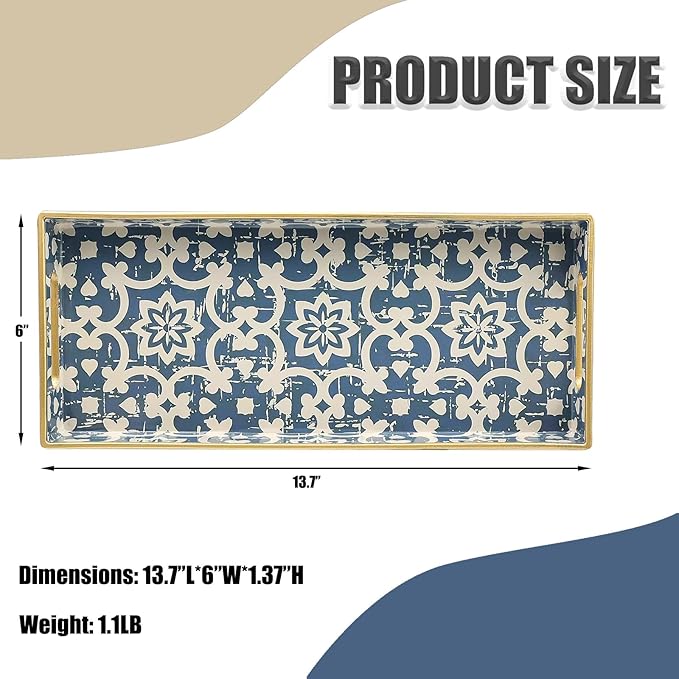 Leemxiiny Bathroom Vanity Tray for Countertop, Small Plastic Toilet Tank Tray Versatile Storage & Organization Tray for Makeup, Perfume, Desk, Kitchen, Candles, 13.7"x6"x1.4", 35Boho1