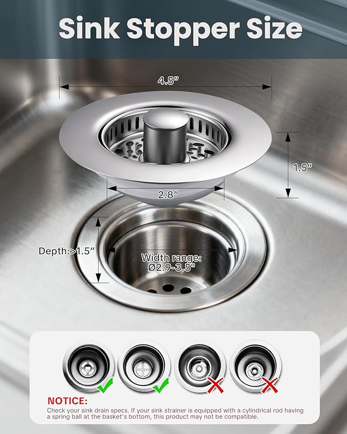ARCORA Kitchen Sink Drain Strainer: Stainless Steel 3 in 1 Sink Stopper with Anti-Clogging Basket, Kitchen Strainer with Brass Bounce Core for Standard 3-1/2 Inch Drain, Chrome