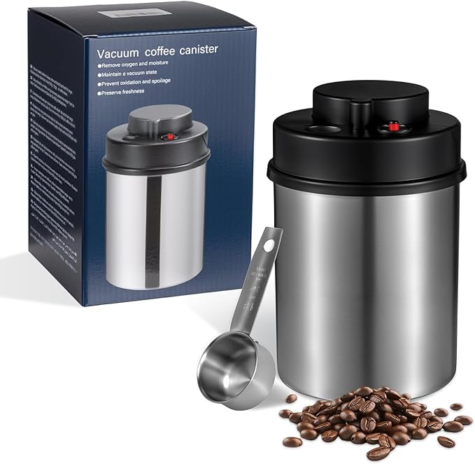 Vacuum Coffee Canister 18oz - Airtight Storage Container for Coffee Beans & Ground Coffee with Stainless Steel Scoop and Date Tracker, Blocks Moisture & Oxygen, Extends Freshness for Weeks
