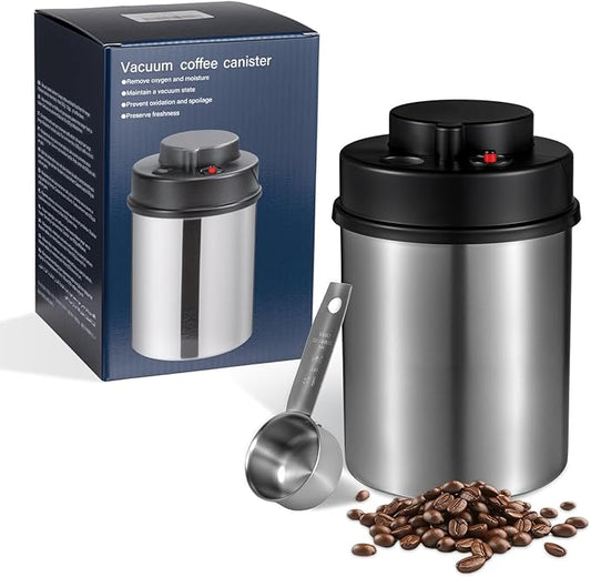 Vacuum Coffee Canister 18oz - Airtight Storage Container for Coffee Beans & Ground Coffee with Stainless Steel Scoop and Date Tracker, Blocks Moisture & Oxygen, Extends Freshness for Weeks