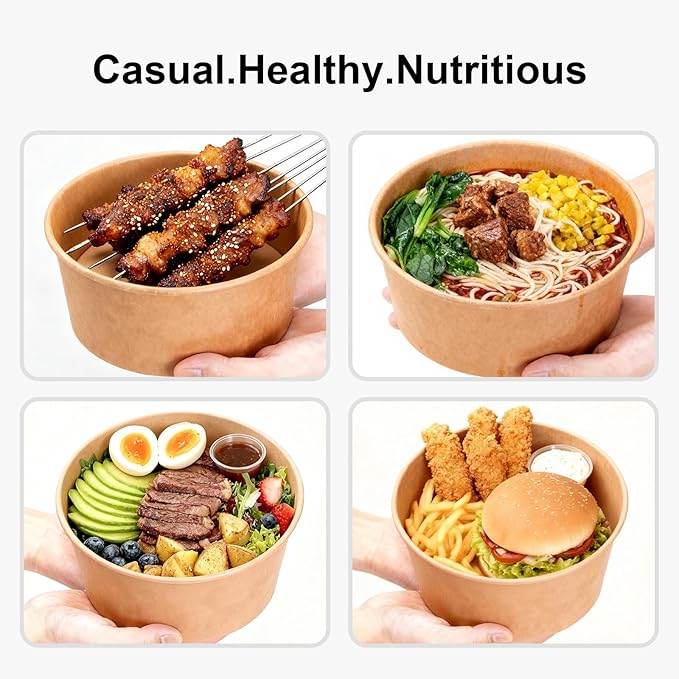 ganfaner 74 Pk Disposable Paper Round Bowls【No Lid】 34 oz, Microwave Deli Containers Leakproof, Salad Dressing Container for Lunch, Sturdy for Soup Toppings Snack Camping Family