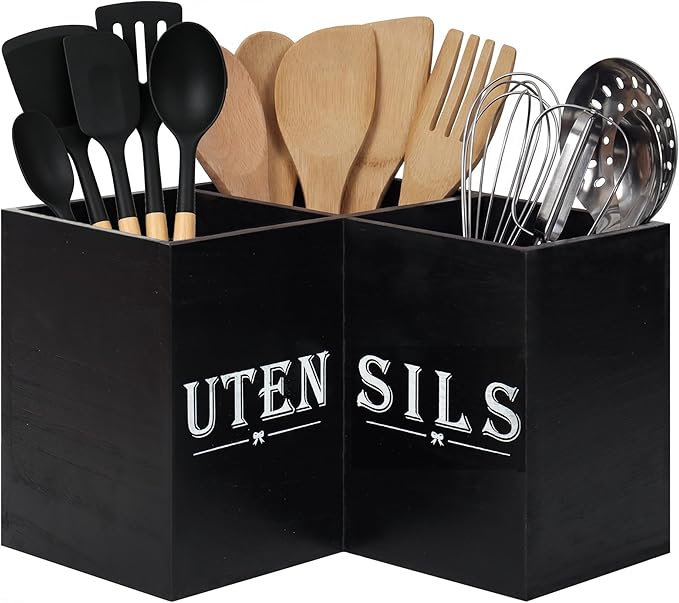 Top-spring Extra Large Utensil Holder for Kitchen Counter - Wooden Cooking Utensils Holder - Rustic Farmhouse Decor Kitchen Corner Utensil Organizer with 3 Compartment, Black Wood Utensil Caddy