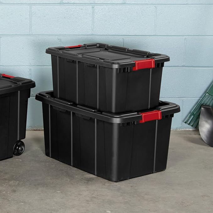 Sterilite 6-Pack Industrial Tote, Plastic Storage Bins with Lids, 15 Gallon, Black - Heavy-Duty Organizing Containers for Closet, Bathroom, and Office
