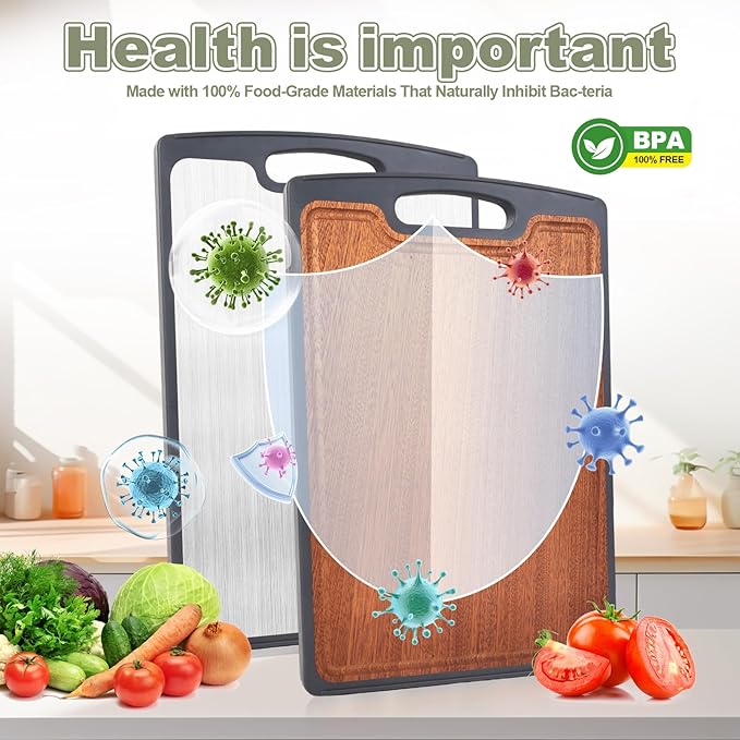 Titanium Cutting Boards for Kitchen, 2-in-1 Double-Sided Wood Cutting Board with Juice Groove, Food-Grade GR1 Titanium & Ebony, Easy to Clean and Dishwasher Safe for Meat & Veggies