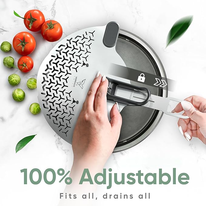 Kitchen Strainer & Pot Drainer Clip-On Stainless Steel Colander for Pots & Pans (6.3-9.8 in / 16-24 cm) | Universal Fit Pasta & Noodle Strainer | Hands-Free Swiss Design, Dishwasher-Safe