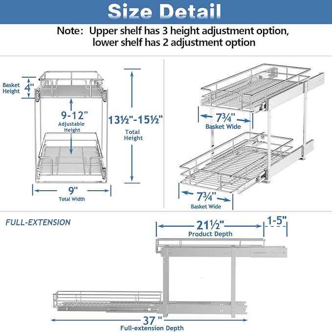 MODCART 2 Tier Individual Pull Out Cabinet Organizer 9" W x 21½" D, Heavy Duty Cabinet Pull Out Shelves, Slide Out Drawers Organization for Kitchen Cabinets Bathroom